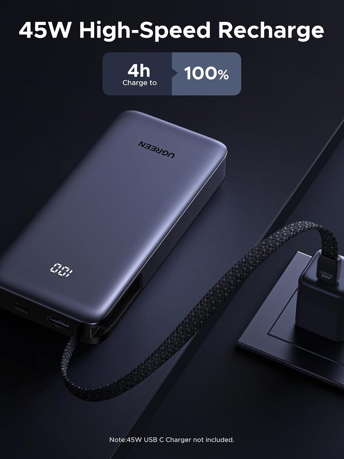 UGREEN Nexode 20000mAh 45W Power Bank, Built-in Cable for iPhone 17 Pro | Built-in USB-C cable, digital display, 3-port. Fast charges for iPhone 17 Pro, S26 Ultra, iPad Pro