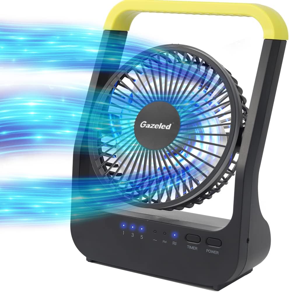 Gazeled Battery Operated Fan, Camping Fan Battery Powered, Super Long Lasting, 5'' Portable D-Cell Battery Powered Desk Fan with Timer, 3 Speeds, Quiet, 180° Rotation, for Office,Bedroom,Outdoor, F24