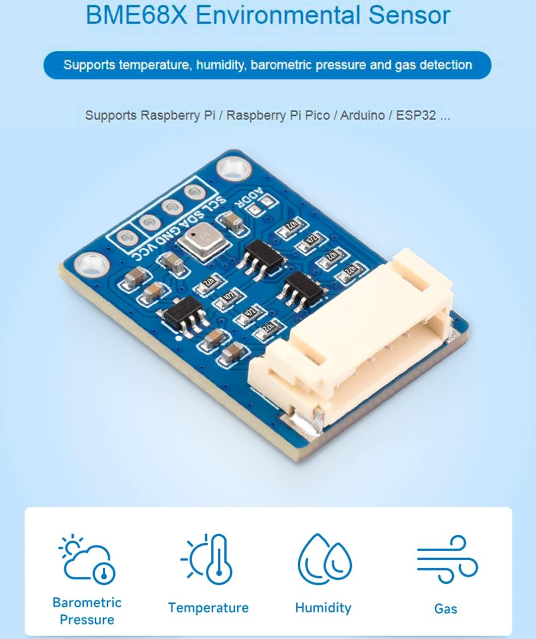 BME680 Environmental Sensor, Temperature/Humidity/BarometricPressure Detect | I2C and SPI , Support Raspberry Pi / Raspberry Pi Pico / for Arduino / ESP32, etc.