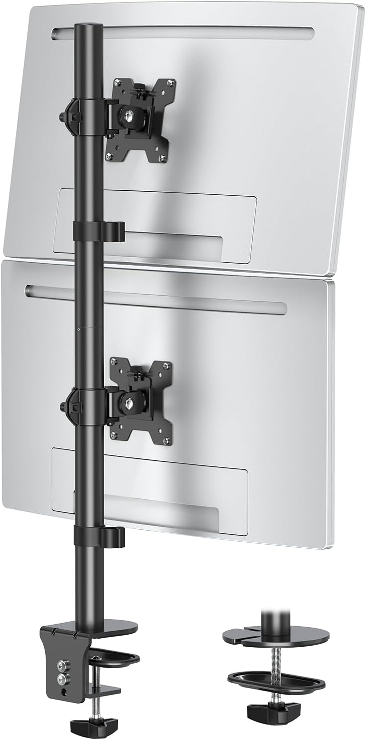 MOUNTUP Dual Monitor Stand, Vertical Monitor Mount for 2 Max 32 inch Stack Screen Monitors, Height Adjustable, Swivel, Tilt Monitor Desk Mount with C Clamp Grommet Base, Home Office