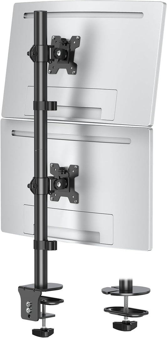 MOUNTUP Dual Monitor Stand, Vertical Monitor Mount for 2 Max 32 inch Stack Screen Monitors, Height Adjustable, Swivel, Tilt Monitor Desk Mount with C Clamp Grommet Base, Home Office