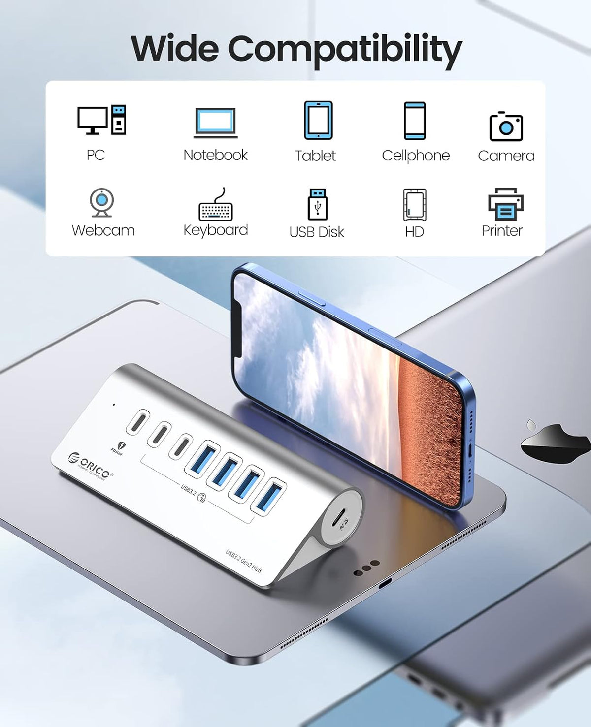ORICO 7-Port USB 3.2 Gen2 Hub, Powered USB 3.2 Hub with 4 USB-A, 2 USB-C, PD 60W, 72W Power Adapter, 10Gbps Aluminium USB-Splitter with 1.64Ft USB-C to USB-A/C Cable for iMac, MacBooks, Mac mini