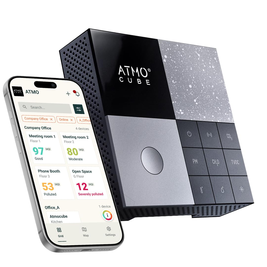 Atmocube Professional 12-in-1 Indoor Air Quality Monitor – CO2, PM2.5, Formaldehyde (CH2O), TVOCs, NOx, Noise &amp; Light Sensor – Wi-Fi, Ethernet &amp; PoE Connectivity – Real-Time Smart Cloud Dashboard