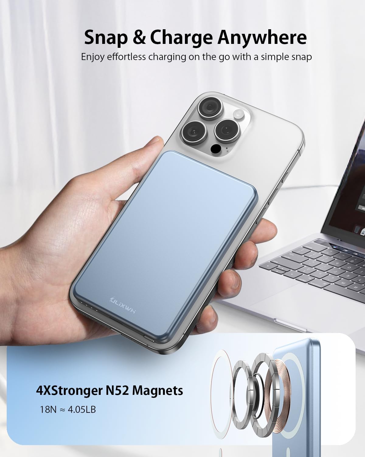 [0.3" Ultra Slim] [Alloy-Made] ULiXWH for Magsafe Portable Charger iPhone | 2026 Upgrade Fast Charging 5000mAh Magnetic Power Bank, Wireless Battery Pack for iPhone 17 Air 16 15 Pro Max 14 13, Blue