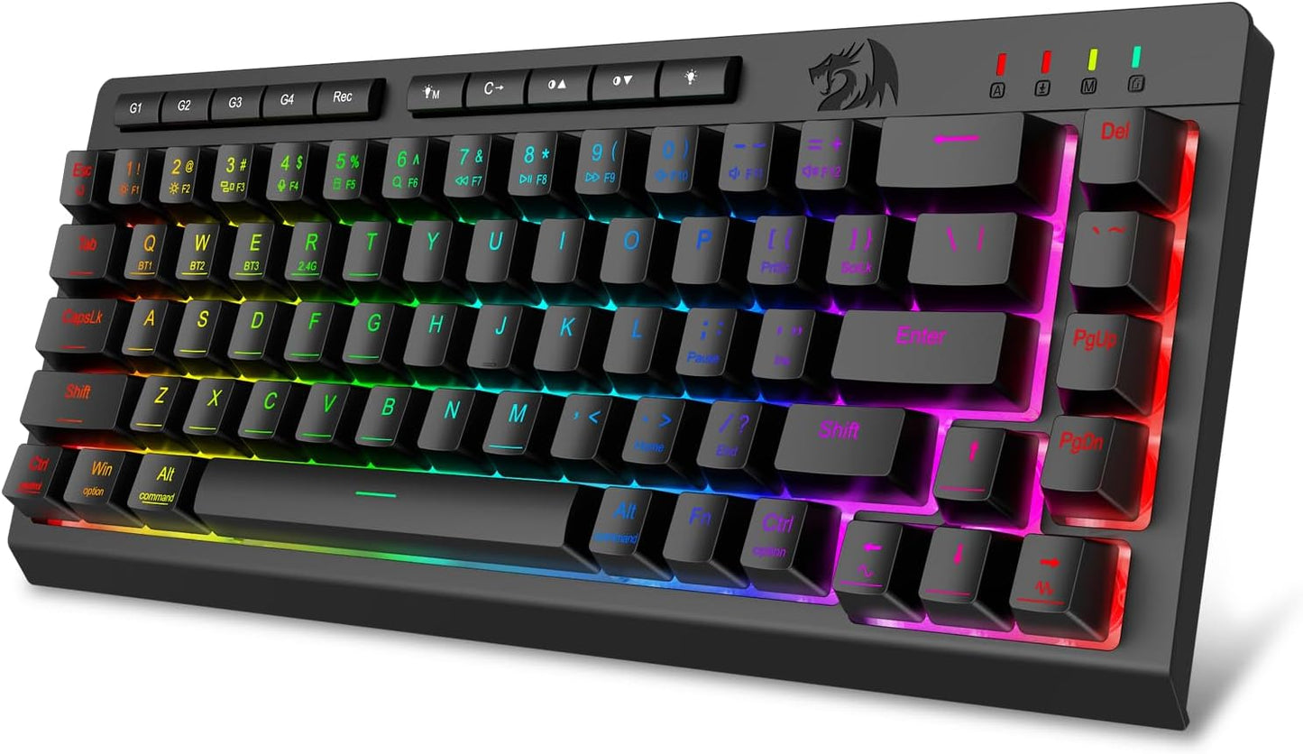 Redragon Wireless Gaming Keyboard, RGB Backlit, Portable 60% Design, Black | Bluetooth/2.4GHz/USB-C Wired, Mini Quiet Macro Membrane Keyboard, Rechargeable 4000mAh Battery, Anti-Ghosting for Win/MAC