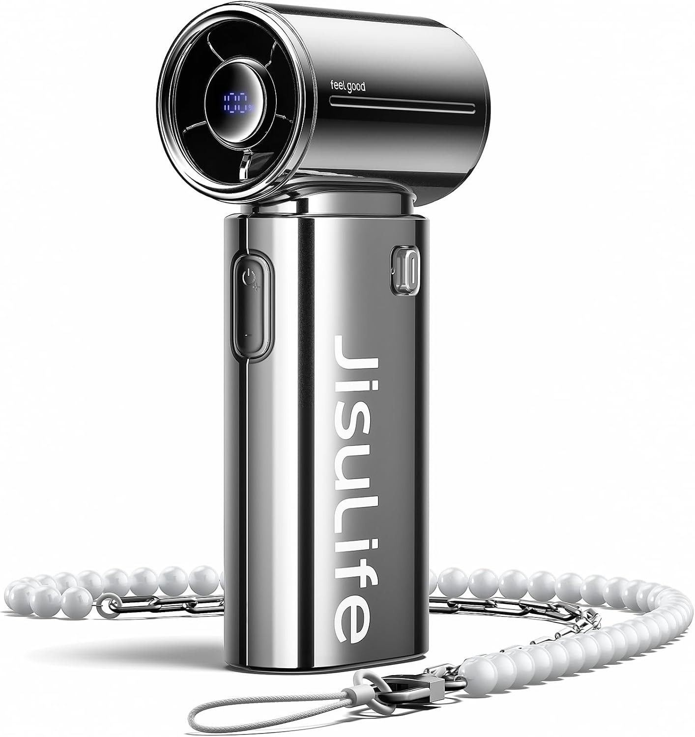 JISULIFE Handheld Fan Life9S - Sleek Chrome: Turbo Power, 22 Hours Cooling | LED Display, 5000mAh, 5-Speeds, Mini Portable Fan for Travel, Cruise, Concerts, Trendy Gifts for Women Men -Chrome