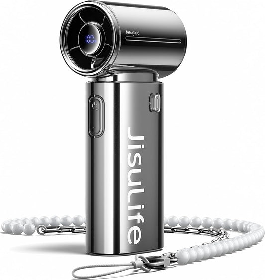 JISULIFE Handheld Fan Life9S - Sleek Chrome: Turbo Power, 22 Hours Cooling | LED Display, 5000mAh, 5-Speeds, Mini Portable Fan for Travel, Cruise, Concerts, Trendy Gifts for Women Men -Chrome