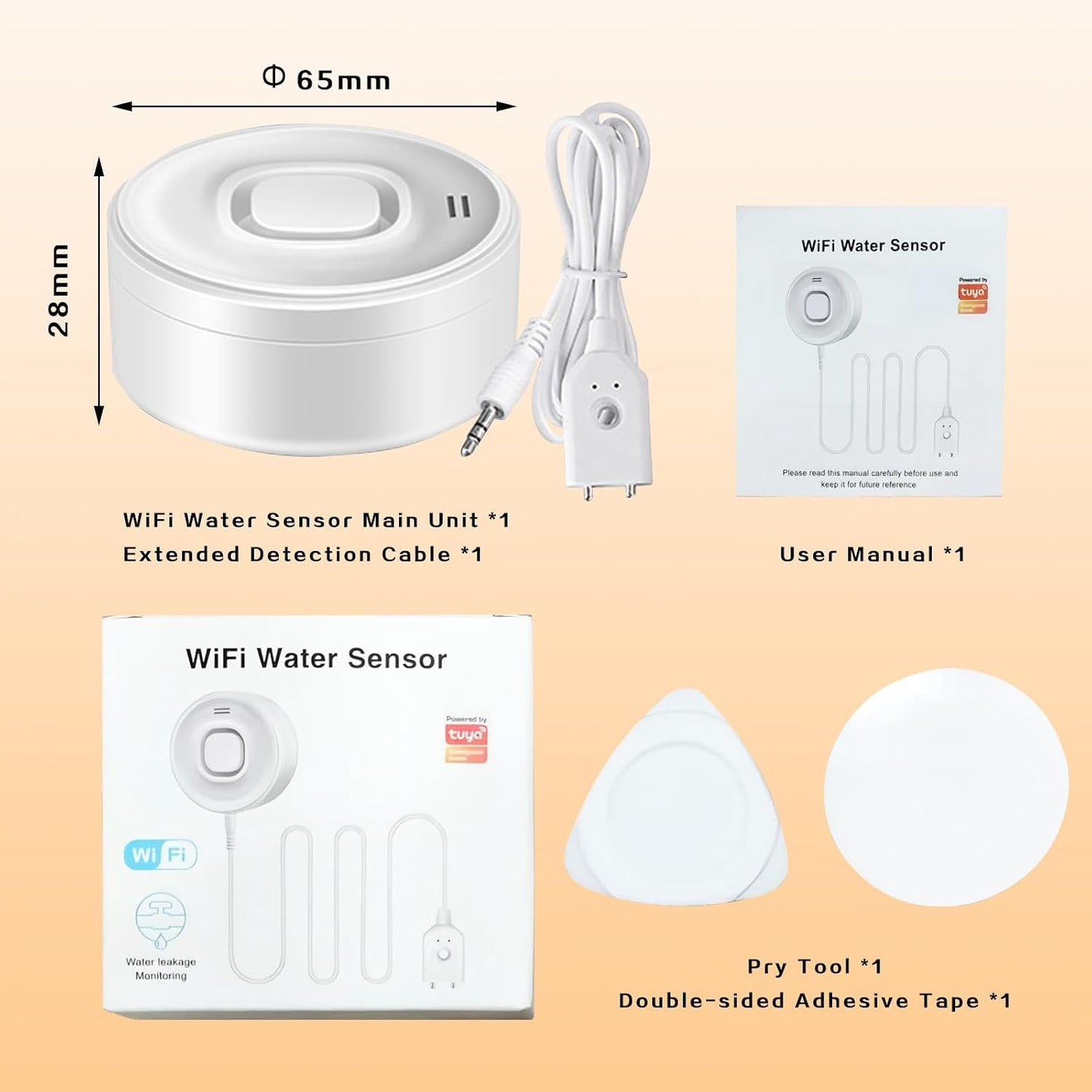 Water Alarm Leak Detector, Water Leak Detector with Cable, 100dB Adjustable Sound Alarm & Real-Time App Alerts WiFi Water Sensor for Home, Kitchen, Bathroom, Warehouse