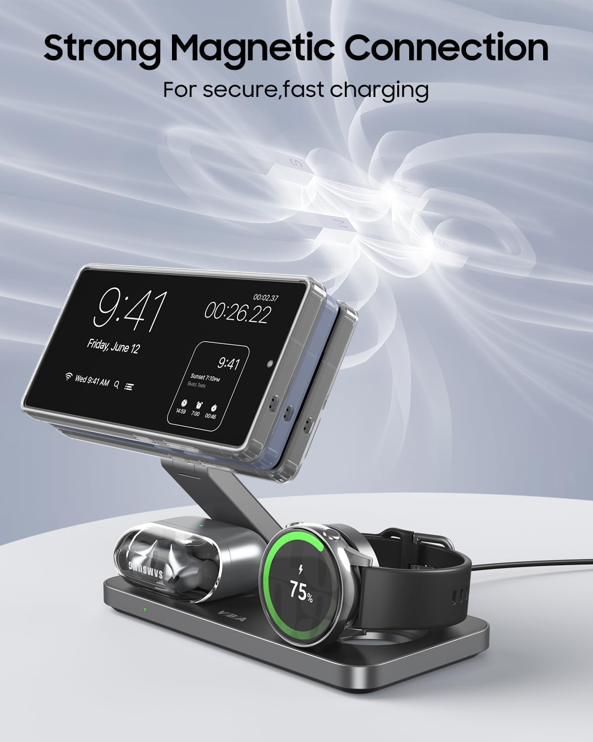 3 in 1 Foldable Magnetic Wireless Charging Station for Samsung, Wireless Charger Stand for Galaxy S26 Ultra S25/S24 /Note 20/Flip 7/Fold 7, for Galaxy Watch Ultra/8/7/6,Galaxy Buds 3/3 Pro