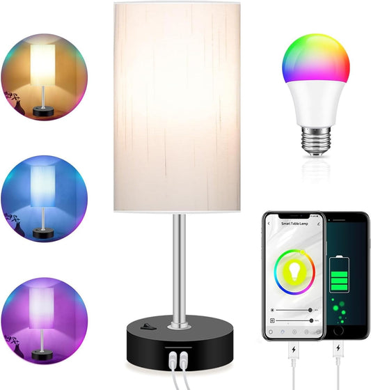 Bedroom Lamp with Smart RGB LED Bulb, Multicolor Changing Table Lamp for Bedroom with 2 USB Port, Dimmable Bedside Lamp Work with Alexa, Smart Nightstand Light for Living Room Sync with Music(2.4GHz) | Multicolor Changing;Dimmable;Alexa Control