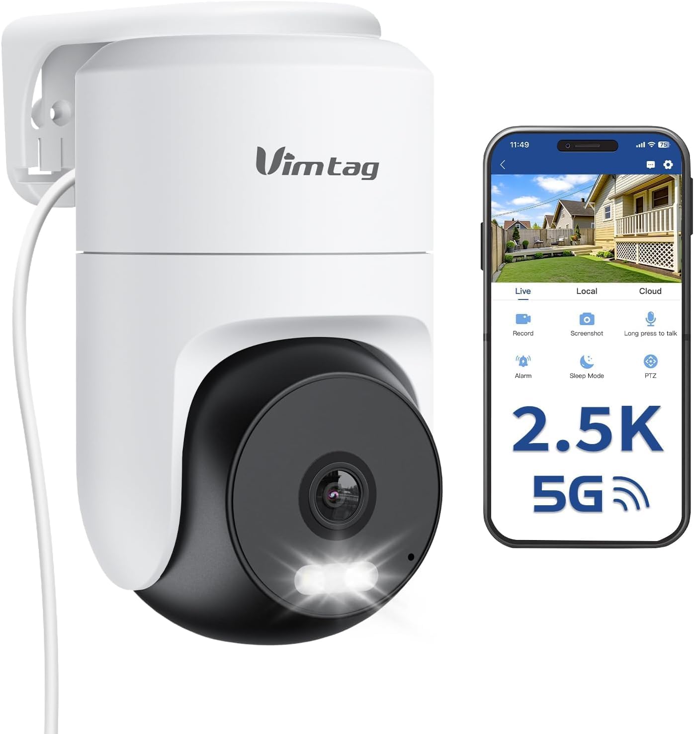 VIMTAG Pan/Tilt Outdoor Security Camera, 2.5K 4MP WiFi Home CCTV Camera, 360° View & Motion Tracking, Color Night Vision, 2-Way Audio, AI Detection Alarm, IP66, Cloud & SD Card Storage, Works w/Alexa