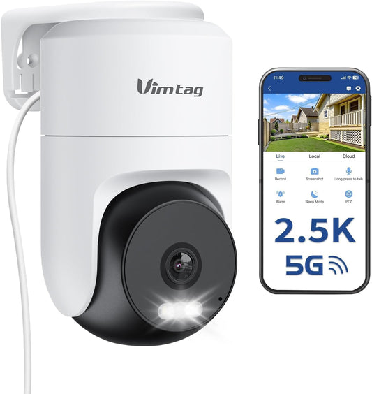 VIMTAG Pan/Tilt Outdoor Security Camera, 2.5K 4MP WiFi Home CCTV Camera, 360° View & Motion Tracking, Color Night Vision, 2-Way Audio, AI Detection Alarm, IP66, Cloud & SD Card Storage, Works w/Alexa