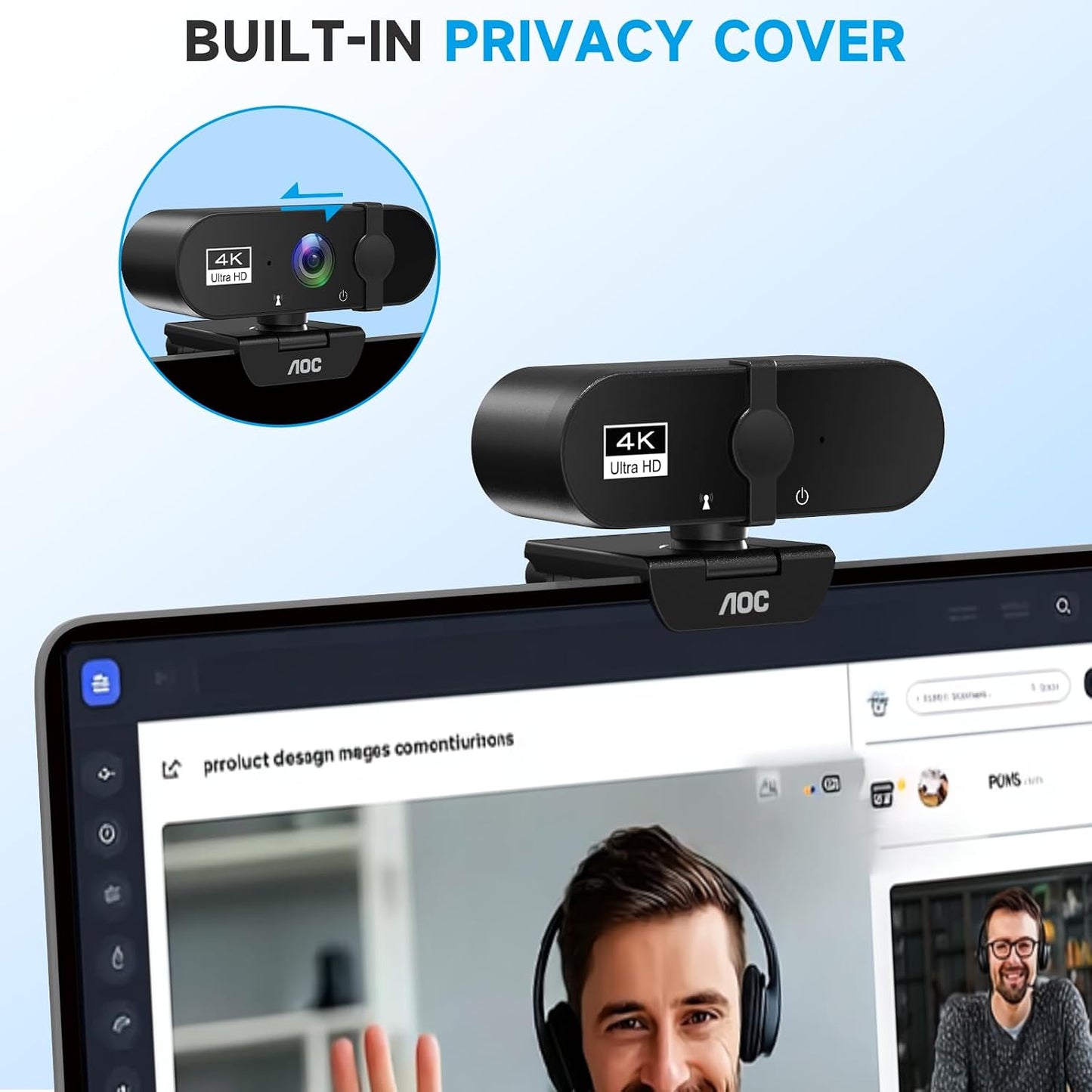 AOC 4K Webcam for PC, Streaming Computer Camera with Noise-Canceling Mic | 90° FOV, Privacy Cover, Plug & Play, Zoom/Skype/FaceTime Compatible, Works with Mac/Laptop/Switch 2, USB C-A Adapter Included