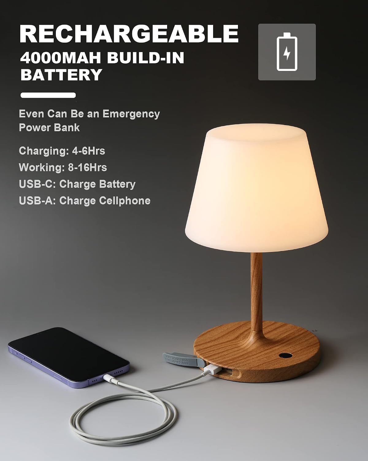 WEILAILUX Outdoor Battery Operated Table Lamp Waterproof, 4000mAh Cordless Table Lamp Rechargeable, Touch Dimmable Desk Lamp, LED Night Light for Patio Camping Restaurant Home (Wood Grain, 9.6in)