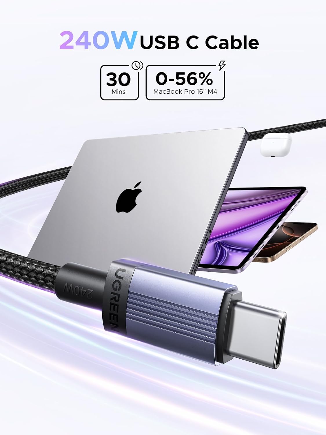 UGREEN 240W USB C Cable 2-Pack, Fast Charging for Laptops & Phones, 6.6FT | Compatible with MacBook Pro/Air, XPS, ThinkBook, iPhone 17/16/15, Galaxy S26/S25, Pixel 10/9, iPad Pro, Steam Deck, Switch