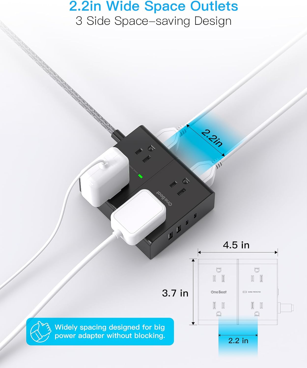 Surge Protector Power Strip 25 Ft Cord, Ultra Thin Flat Extension Cord with 8 Outlets 4 USB Ports(2 USB C), Flat Plug Power Strip, 25 Ft Long Braided Power Cord for College Dorm Room Essentials-BK