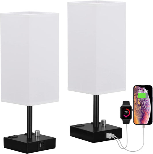 White Bedside Table Lamps Set of 2 - Dimmable, USB C+A, 2 AC Outlets