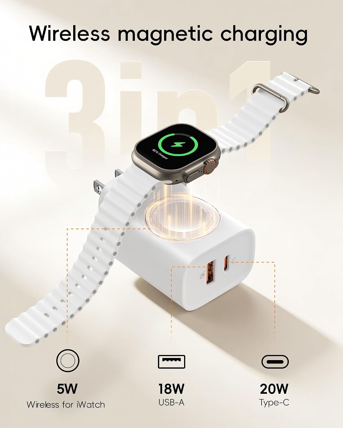 VRURC Fast Charger for Apple Watch, Built-in Wireless Magnetic Charging Station for iWatch SE/11/10/9/8/7/6/5/4, PD 20W USB C Charging Block, Foldable Wall Charger for iPhone 17/16/15/14/13-White