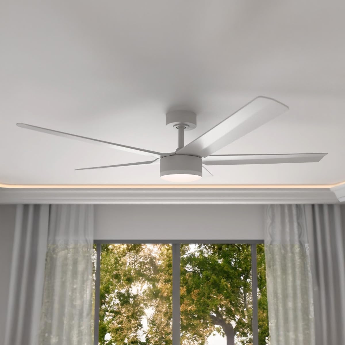 Stratos Indoor or Outdoor 52in 5-Blade Smart Ceiling Fan 2700K-6000K CCT Tunable Range LED Light Kit with Remote Control in Matte White Works With iOS or Android App