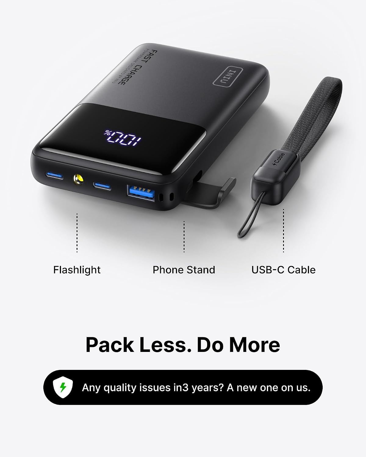 INIU Power Bank, Compact 10000mAh 45W PD Fast Charging Portable Charger | Detachable USB-C Cable, Stand, Flight-Safe, Travel, Flashlight, Battery Pack for iPhone 17 16, Samsung S26, iPad etc