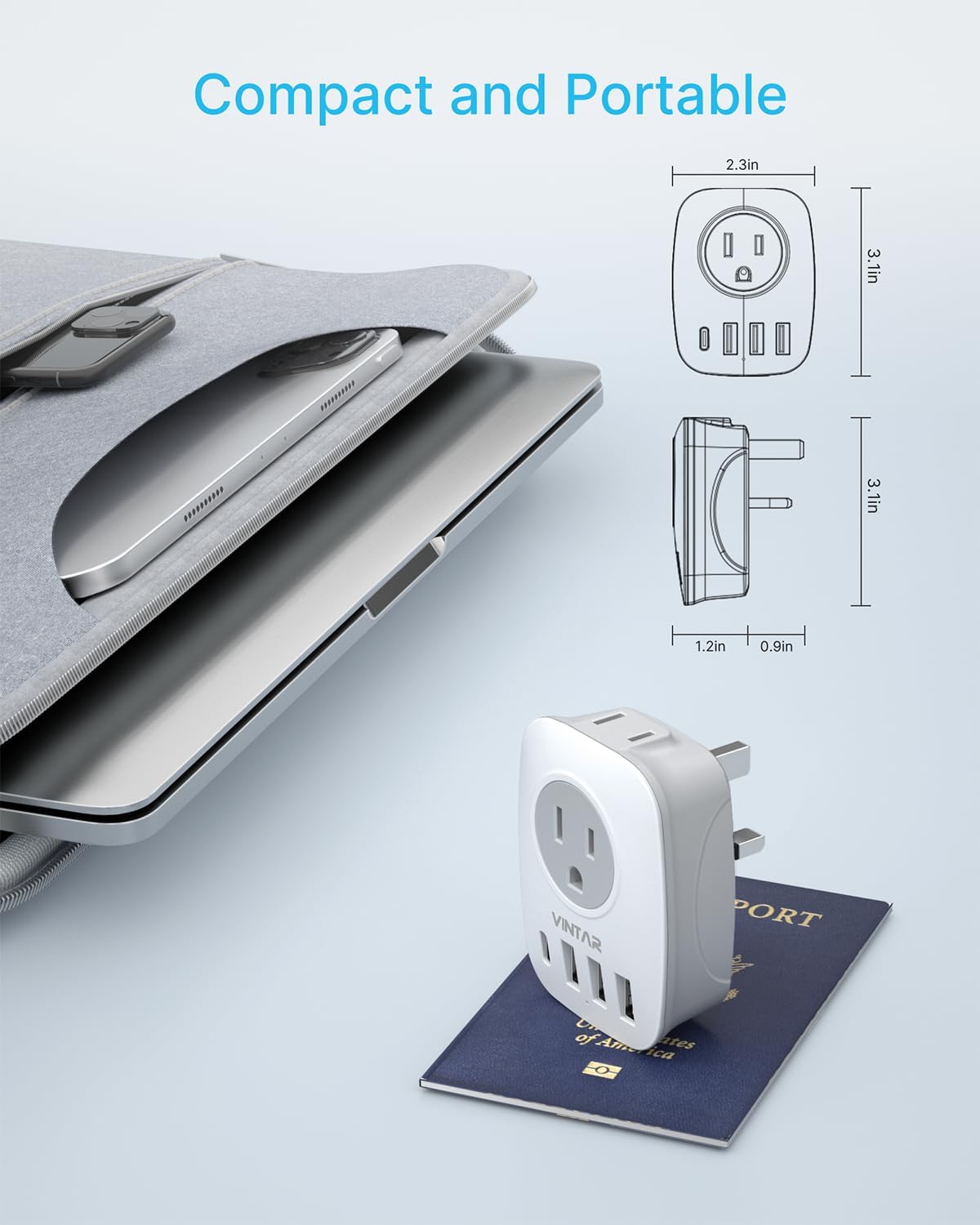 VINTAR US to UK Ireland Travel Plug Adapter, 2 Pack Type G Power Adapter | 6 in 1 with 2 Outlets and 4 USB Ports(1 USB C), Travel Essentials for USA to England London Scotland Dubai Hong Kong British