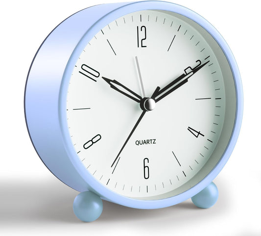 Analog Alarm Clock, 4 inch Super Silent Non Ticking Small Clock with Night Light, Battery Operated, Simple Design, Old fashioned Style SkyBlue decor, for Bedroom, Bedside, Desk, Adult, Gift, Blue