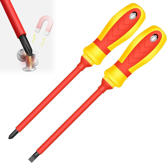 2Pcs Magnetic Screwdrivers Set Phillips and Flat Screwdriver, 1000v Insulated Screwdrivers 4 Inch Multi-purpose Cross Slot Screwdriver Set Cushion Grip Handle for Electricians