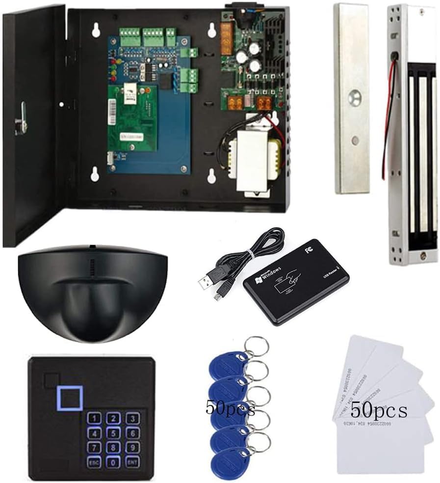 Request to Exit PIR Motion Sensor 4 Doors Access Control Electronmagnetic 600 LBS Magnetic Lock 110-240V Power Supply Box RFID Keypad Reader Keyfobs/Cards(Phone APP remotely Open Door)