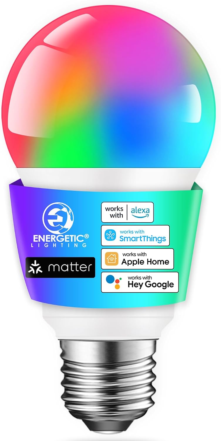 Energetic Light Bulbs Work with Alexa/Apple Home/Google Home/SmartThings, Matter Smart A19 LED Light Bulb, E26 RGB Smart Bulbs, 60W Equivalent, 800LM, 2.4 Ghz WiFi Only, Smart Speaker Required, 4 Pack