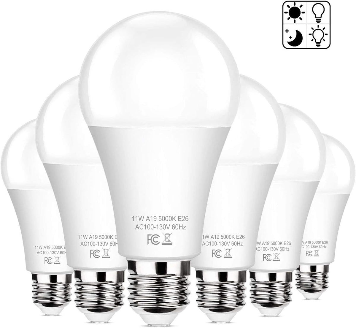 Brightever 6-Pack Dusk to Dawn LED Light Bulbs, A19 11W(100Watt Equivalent), E26 Basic Automatic On/Off, 1200LM, Daylight White 5000K Smart Sensor Lights, Outdoor for Porch Garage Yard Patio Garden