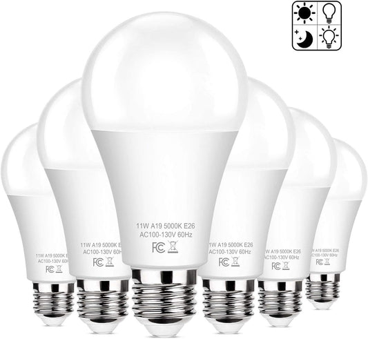 Brightever 6-Pack Dusk to Dawn LED Light Bulbs, A19 11W(100Watt Equivalent), E26 Basic Automatic On/Off, 1200LM, Daylight White 5000K Smart Sensor Lights, Outdoor for Porch Garage Yard Patio Garden