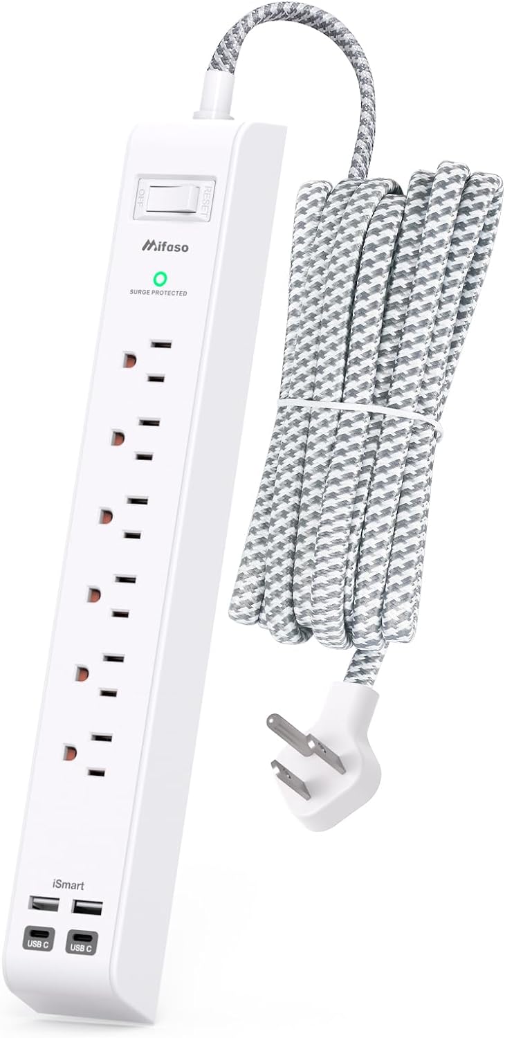 Mifaso Surge Protector Power Strip 10FT, Flat Plug, 6 AC & 4 USB (2 USB-C) | Desk Charging Station, Long Extension Cord with Multiple Outlets, Wall Mountable for Home, Office, Dorm Essentials, 1080J