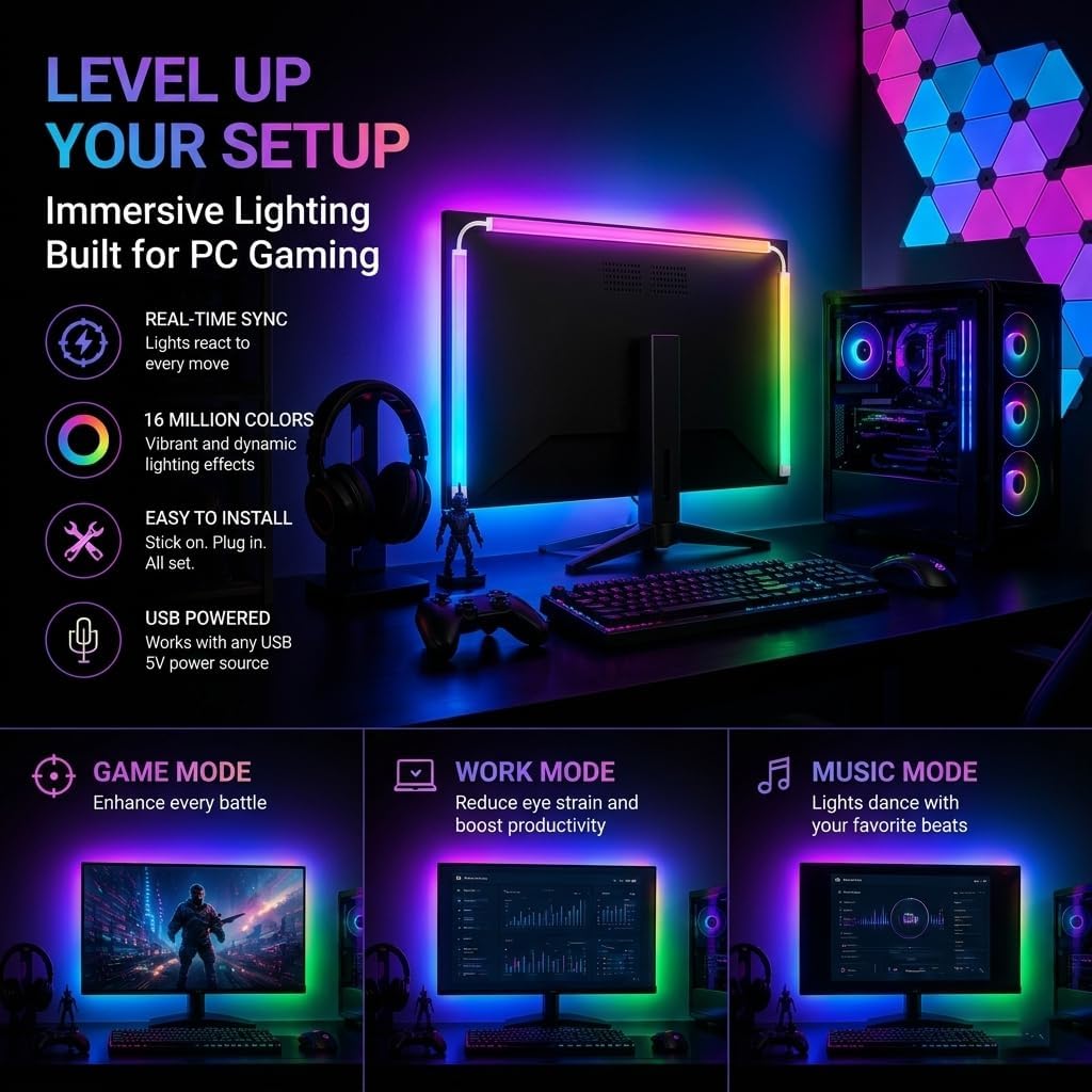 27 Inch Monitor Backlight - Immersive LED Strip with Screen Mirror Sync - PC and Mac Software Control - Gaming Setup Desktop Lights - 16M Colors Chasing Effects (27 inch)