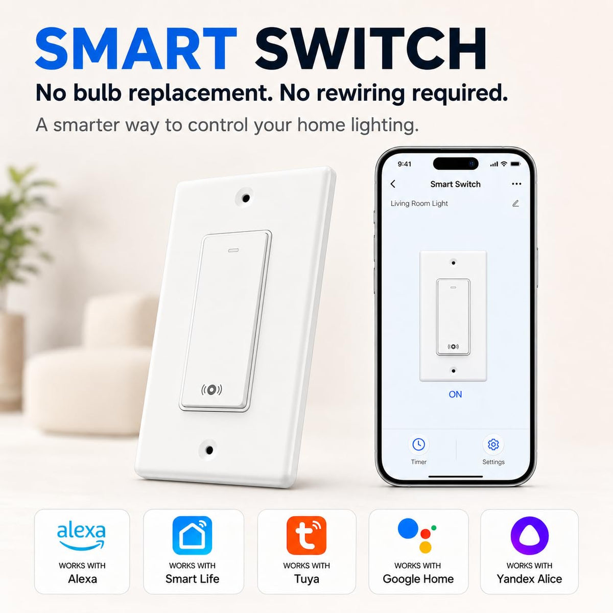 Smart Radar Switch 1 Gang, Neutral Wire Required, 2.4GHz Wi-Fi Motion Sensor Light Switch Compatible with Alexa and Google Home, UL Certified