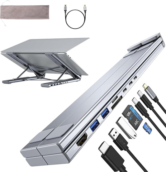 Laptop Stand with Docking Station, 8 in 1 USB C Hub HDMI Portable Laptop Stand for Desk with USB Ports, Multiport USBC Dock Stands Foldable Adjustable Computer Riser Holder Dongle for MacBook