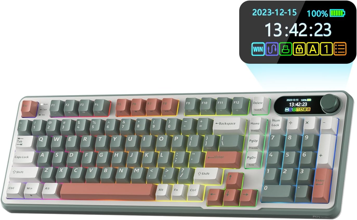 RK ROYAL KLUDGE S98 Wireless Mechanical Keyboard w/Smart Display & Knob | 96% Top Mount RGB Gaming Keyboard BT/2.4G/USB-C, 5-Layer Noise Dampening, Creamy Sound Pre-lubed Switch,Hot Swap, 98 Keys