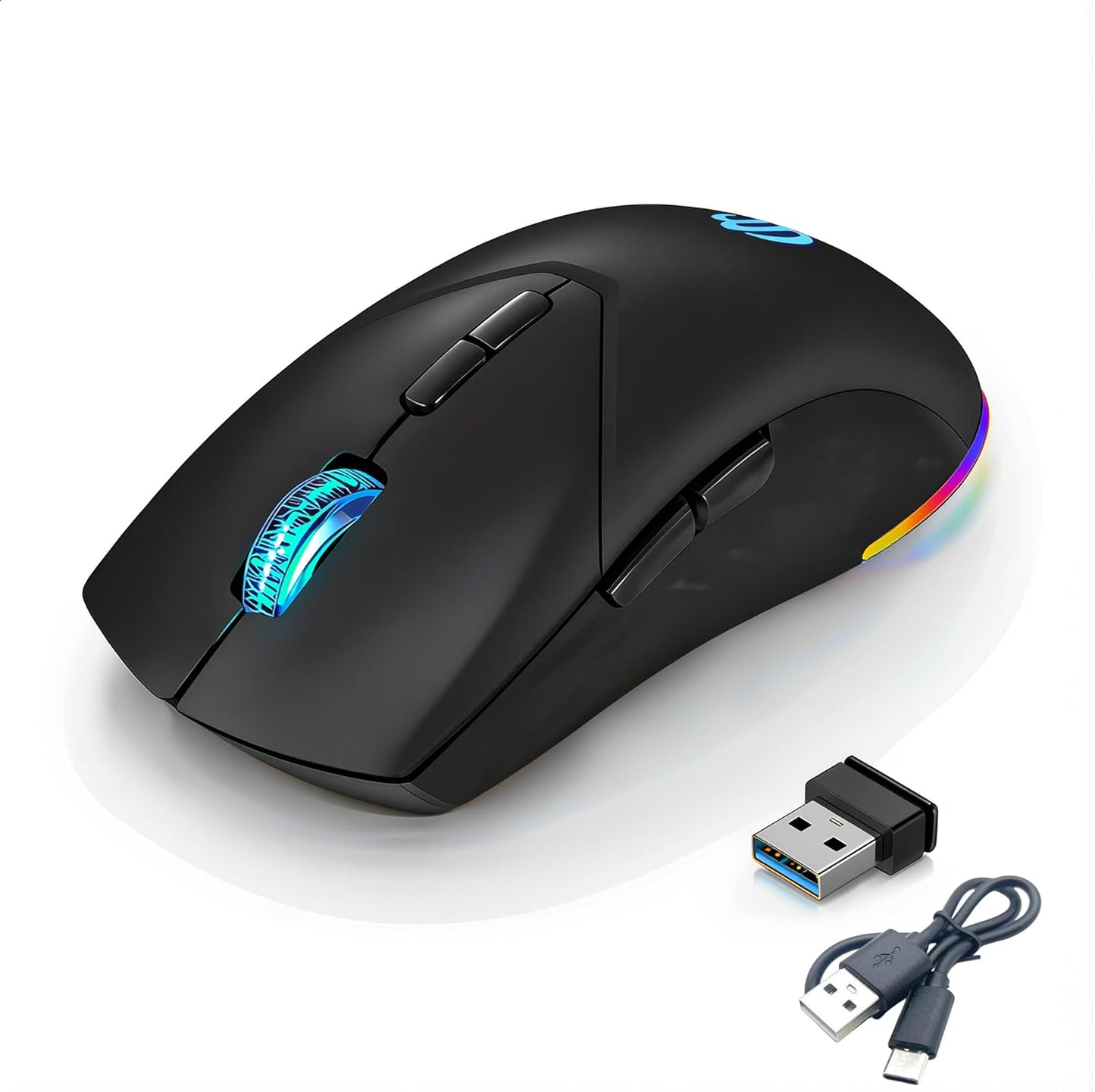 Wireless Mouse, Bluetooth Rechargeable Mouse, Dual Mode BT 5.2 + 2.4G USB Silent Wireless Bluetooth Mouse, RGB Ergonomic Design, 3-Level Adjustable DPI Mouse for Laptop, PC, Mac, Ipad, Black