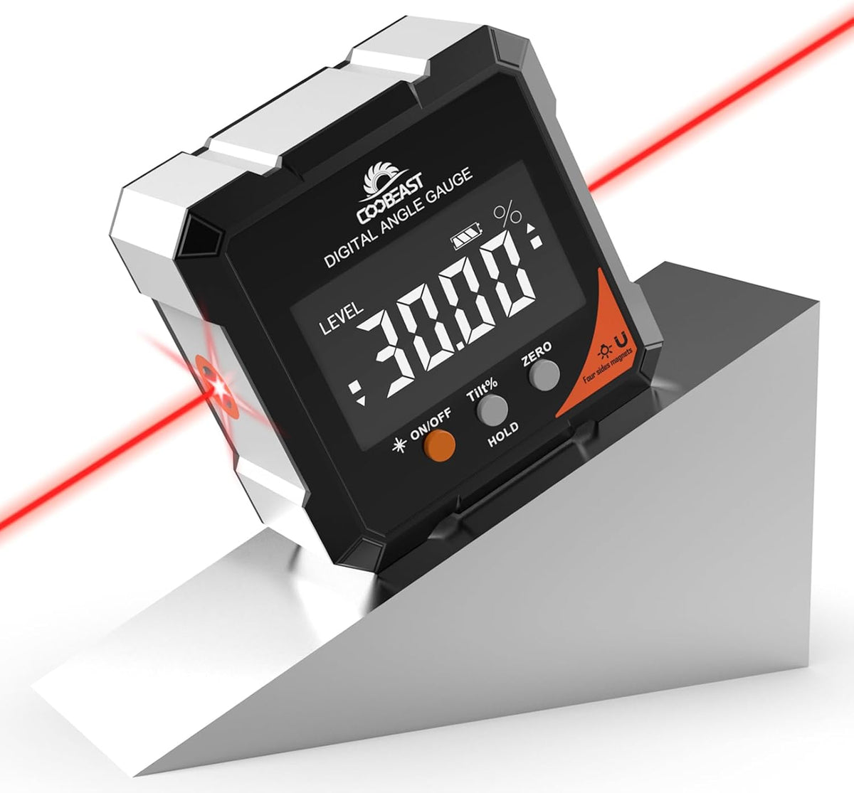 Coobeast Digital Angle Finder with Dual Laser 4-side Magnetic Angle Gauge | Magnetic Laser Level Measuring Tool with Electronic Laser Inclinometer Backlight for Woodworking Table saw Miter Orange