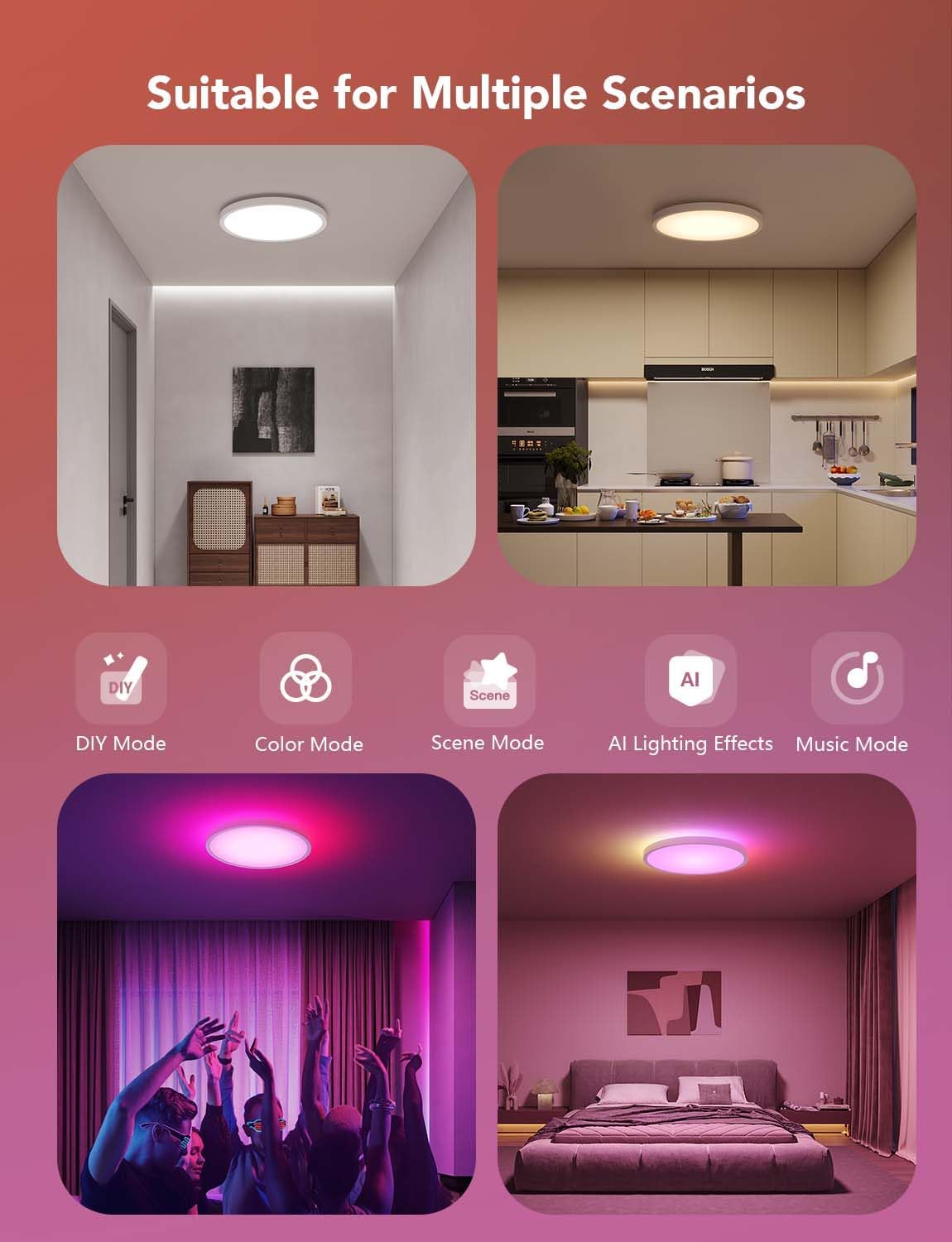 Govee Smart Ceiling Light, RGBIC 2400LM 2700K-6500K 12 Inch 1 Pack White | RGBIC LED Flush Ceiling Light Fixture, 2400LM DIY Colors, Works with Matter Alexa for Bedroom, Living Room