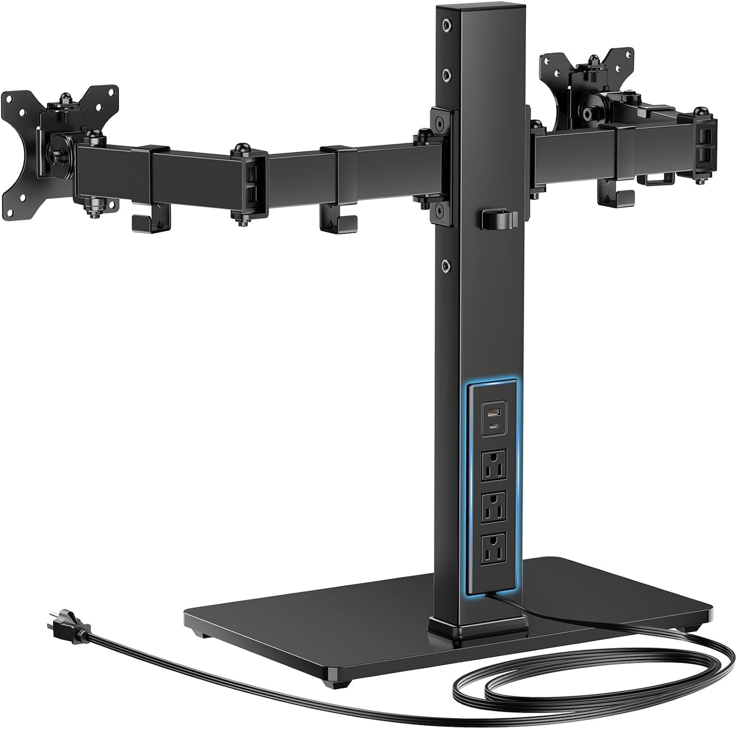 HUANUO Dual Monitor Mount with Power Outlet, Computer Monitor Stand with Sturdy Glass Base, Full Motion Dual Monitor Stand with Adjustable Height, Supports 13″-32″ Displays up to 22 lbs, Easy Setup