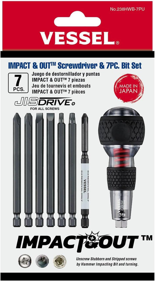 (US Model) VESSEL Impact & Out Screwdriver with 7pcs bits and Pouch