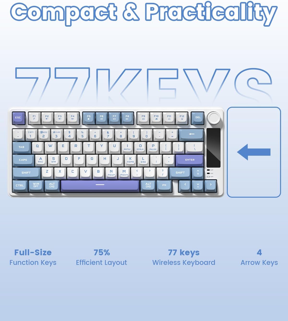 Womier DK75 75% Wireless Gaming Keyboard, RGB Backlit Creamy Keyboard with Media Knob, OLED Screen, Tri-Mode 2.4GHz/USB-C/BT5.0, Anti-Ghosting No-Conflict Silent Membrane Keyboard for MAC Windows