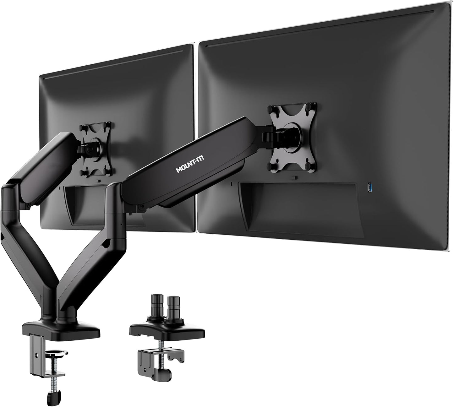 Mount-It! Dual Monitor Desk Mount, 13-32", 17.6 lbs Each | Two independent gas spring arms, full motion, VESA 75x75 &amp; 100x100, C-clamp &amp; grommet base.