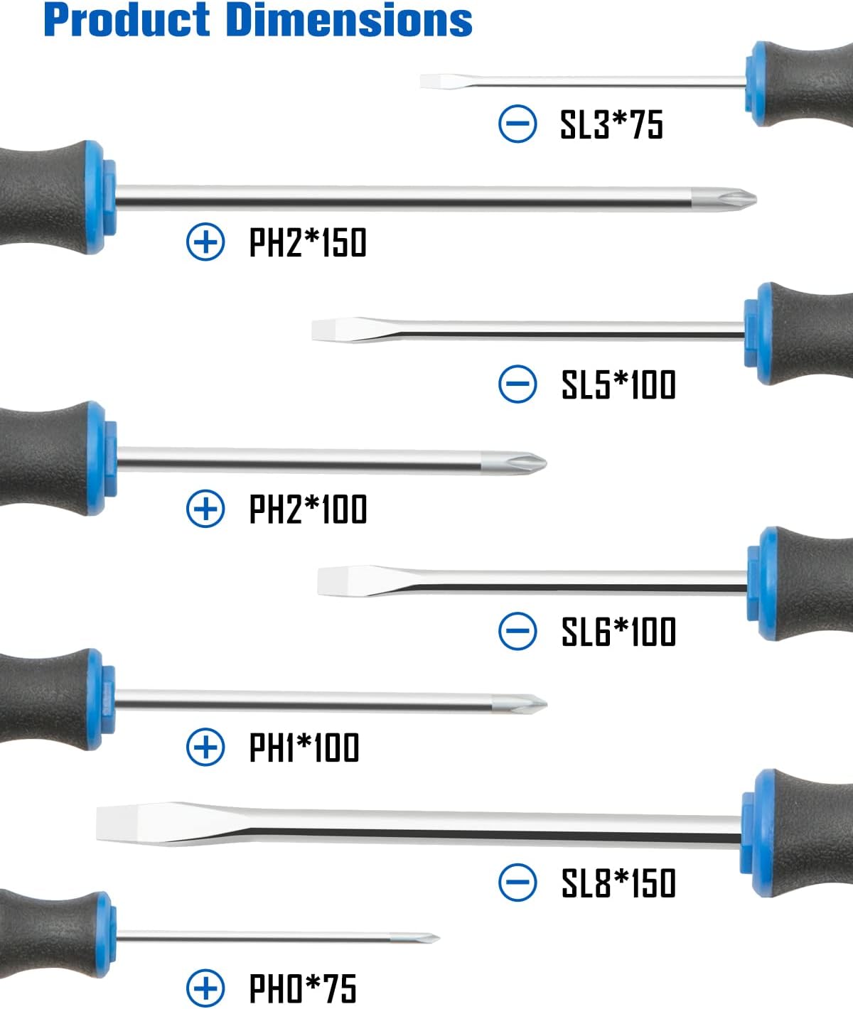 8pc Magnetic Screwdrivers Set, 4 Phillips and 4 Slotted Tips | Nichrome Tip, Silver Tip Gloss, Professional Cushion Grip, High Torque