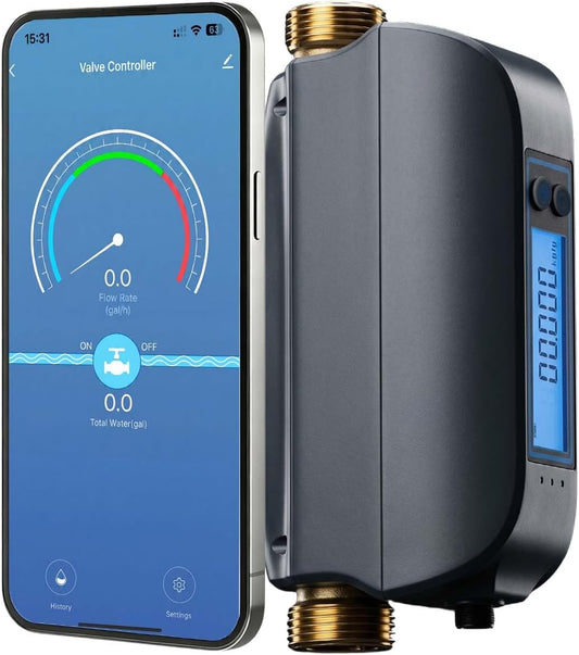 Smart Water Valve, 0.1gal/min Water Flow Monitor Alarm, GreenVation Water Flow Meter, Water Shut Off Valve for Home, WiFi Connected, Water Usage Reports