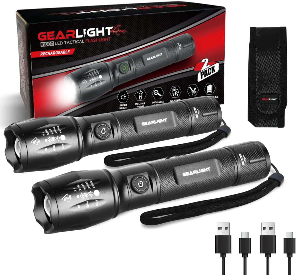 GearLight S1000 LED Tactical Flashlight - High Lumens, USB-C Fast Charging, Dual-Button, IPX4 Water-Resistant, Pocket-Sized for Camping & Emergencies with Batteries - 2 Pack, (Rechargeable)