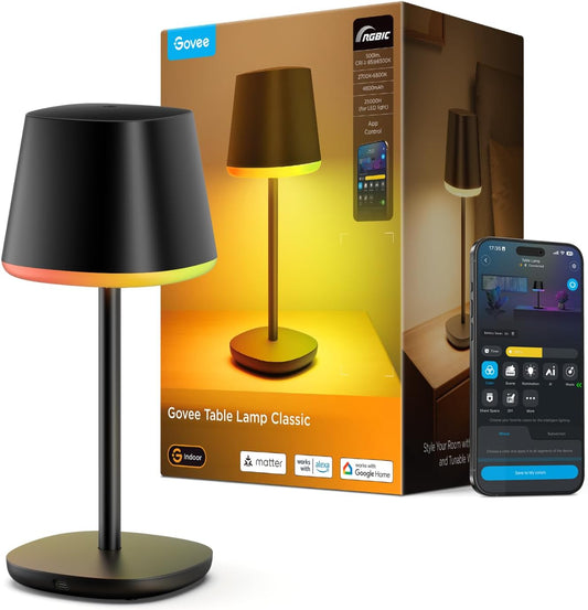 Govee Smart Cordless Table Lamp Classic (No Adapter), RGBIC Desk Lamp | Rechargeable Table Lamp for Bedroom, Living Room, Portable Lamp Works with Matter, Bedside Lamp with 72 Scenes Modes, 500lm