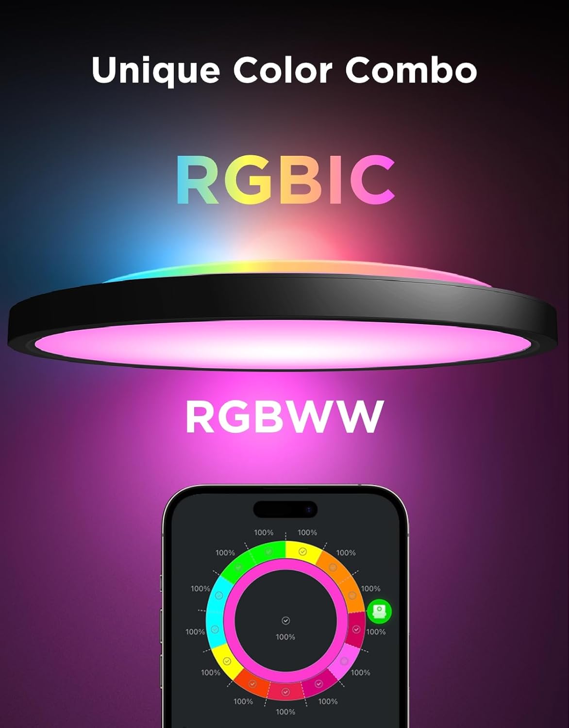 Govee Smart Ceiling Light, RGBIC 2400LM 2700K-6500K 12 Inch 1 Pack Black | RGBIC LED Flush Ceiling Light Fixture, 2400LM DIY Colors, Works with Matter Alexa for Bedroom, Living Room