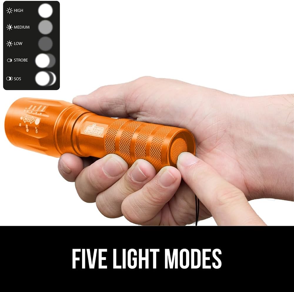GORILLA GRIP Powerful LED Handheld Tactical Flashlight, 750 FT High Lumens 5 Adjustable Modes, Water Resistant, Ultra Bright Zoom Flashlights, Small Mini, Camping, Night Dog Walking, Orange