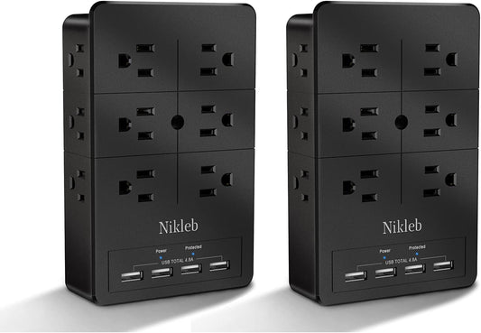 Surge Protector Nikleb, Wall Outlet with 4 USB Ports 5V 4.8A Total, 12 Multi Outlet Extender, Multiple USB Plug Adapter Wall Mount, Phone Chargier Organizer with Phone Holder, Heavy Duty